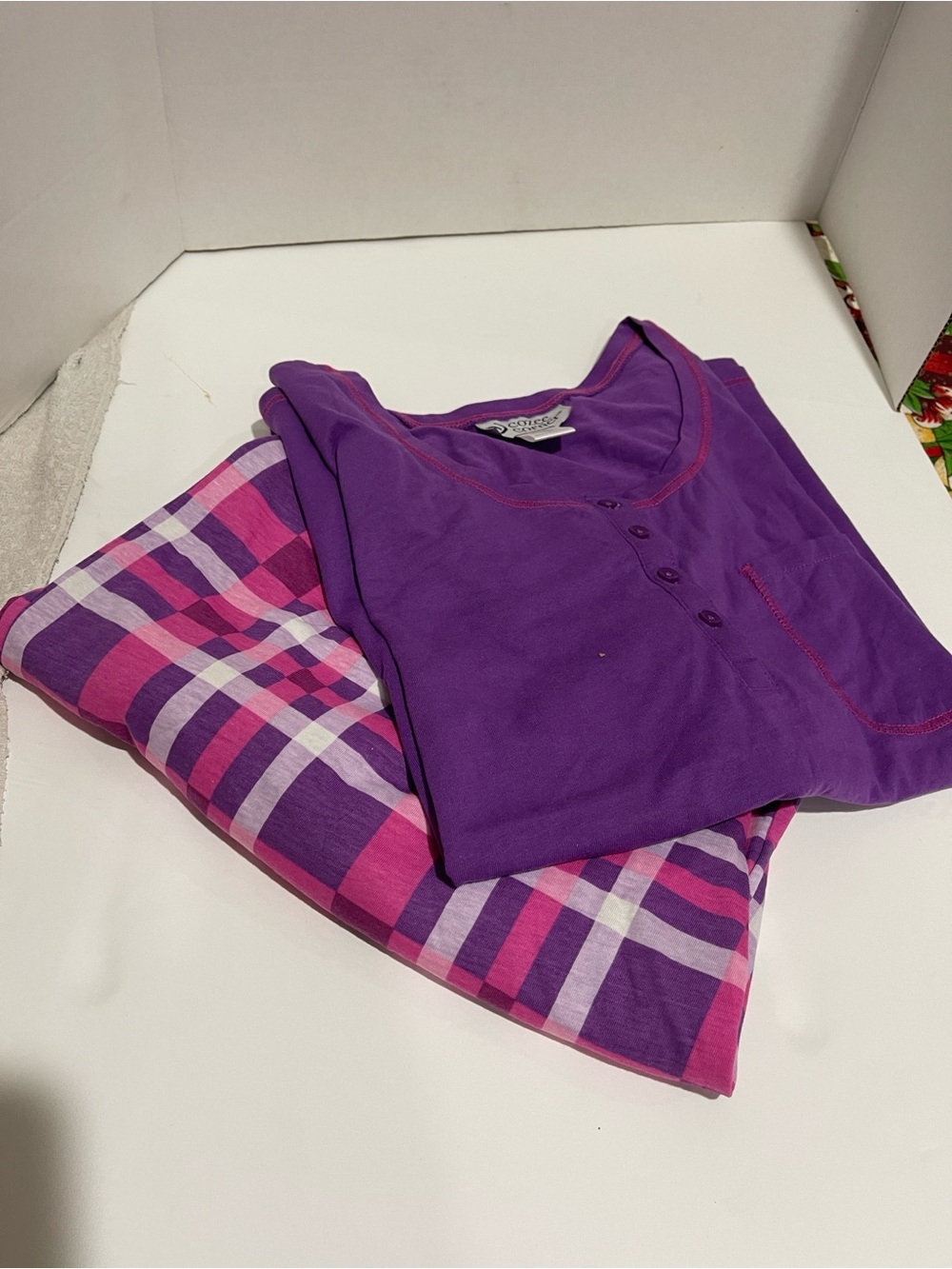 Women's Purple Button-Front Pajama Top with Pink & Purple Plaid Pants